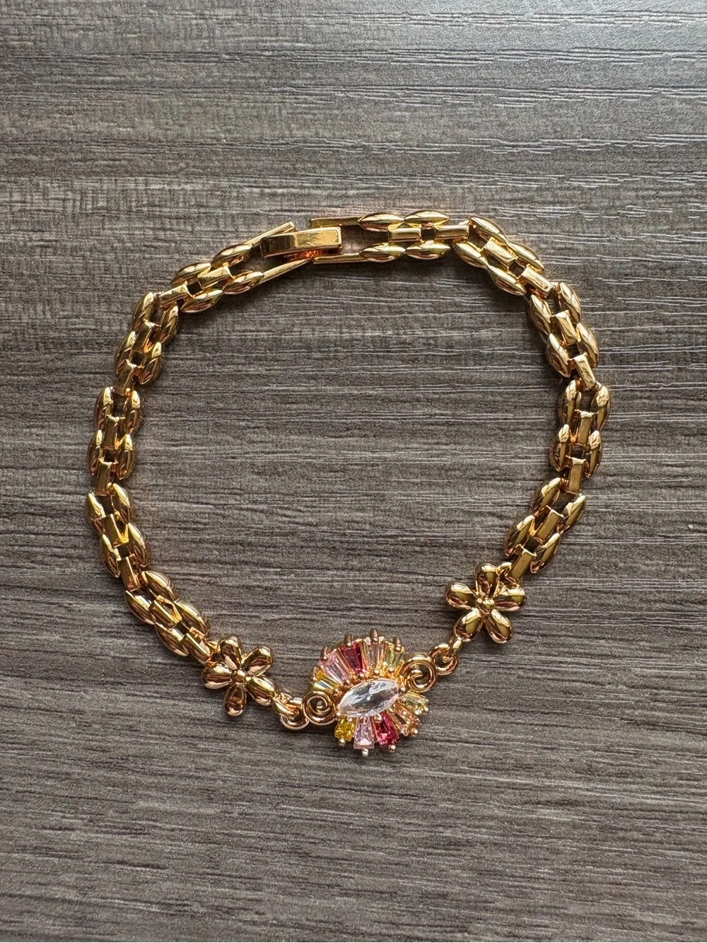 Gold Tone Floral Chain Necklace with Crystal Accent